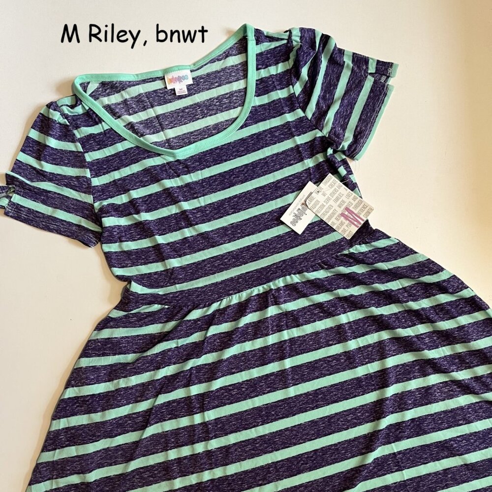 Medium Lularoe Riley dress, purple and green stripes, pockets
